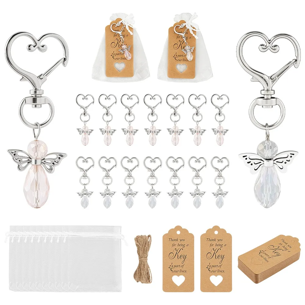 

42Pcs Alloy Glass Angel Pendant Decorations with Alloy Swivel Clasps and Paper Card Organza Gift Bags Silver Platinum