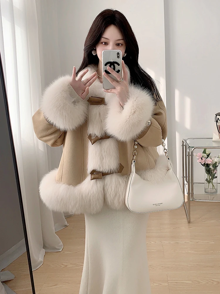 2024 New Real fur,Loose-fit A-line winter fur coat for women 100% real fox fur collar and cuff duck down jacket SI12