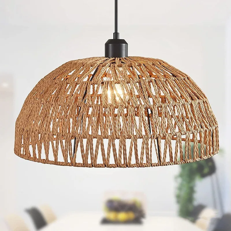 Handwoven Paper Rope Dome Lampshade Hollow Woven Wicker Pendant Light Shade Boho Rustic Lamp Cover Replacement For Hanging Lamp