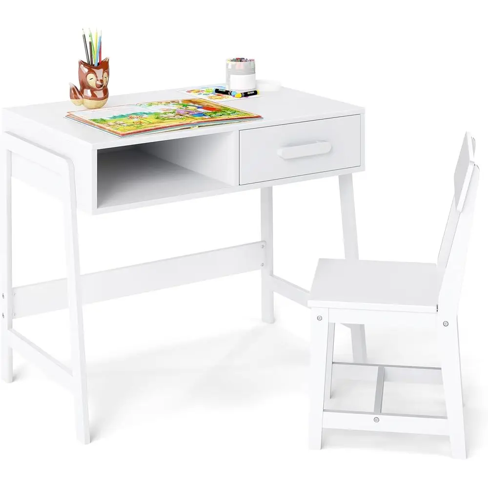 

Wooden Kids Desk and Chair Set for 3-8 Year Olds - White Study Table with Drawers for Home and School