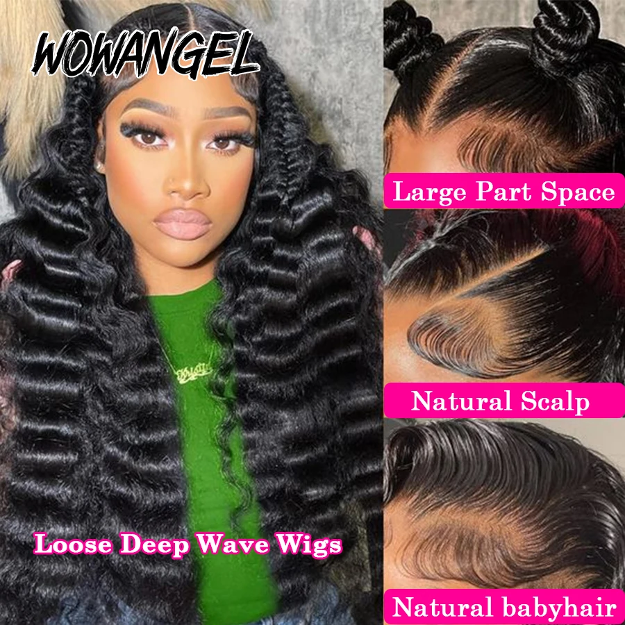 WowAngel 250% 13X6 HD Lace Full Frontal Wig Loose Deep Wave Human Hair Wig Melt Skins 34in Pre Plucked Brazilian Hair For Women