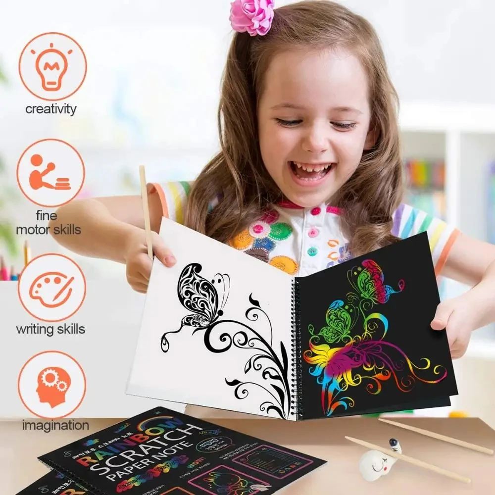 Set kertas goresan ajaib pelangi untuk anak-anak, mainan edukasi Montessori buku grafiti DIY