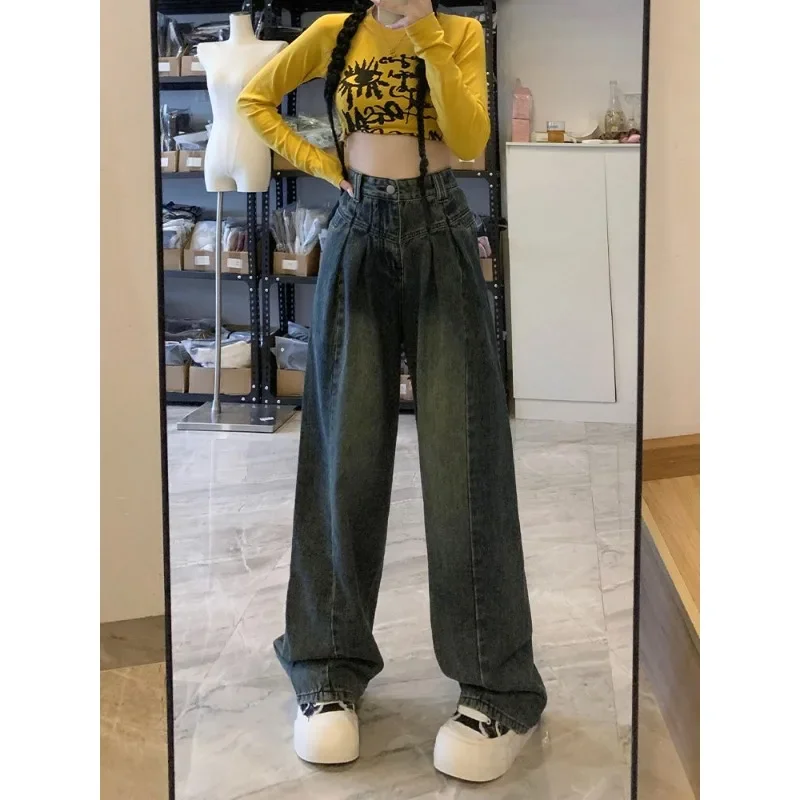 New Cement Gray High Waist To Do Old Pleated Design Wide Leg Jeans Women's Spring /Autumn Loose Slimming Slouchy Mopping Pants