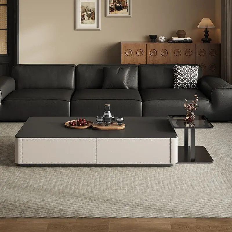 

Light luxury rock plate black andwhite rectangularsaddle leather high-end Italian minimalist combination coffeetable living room