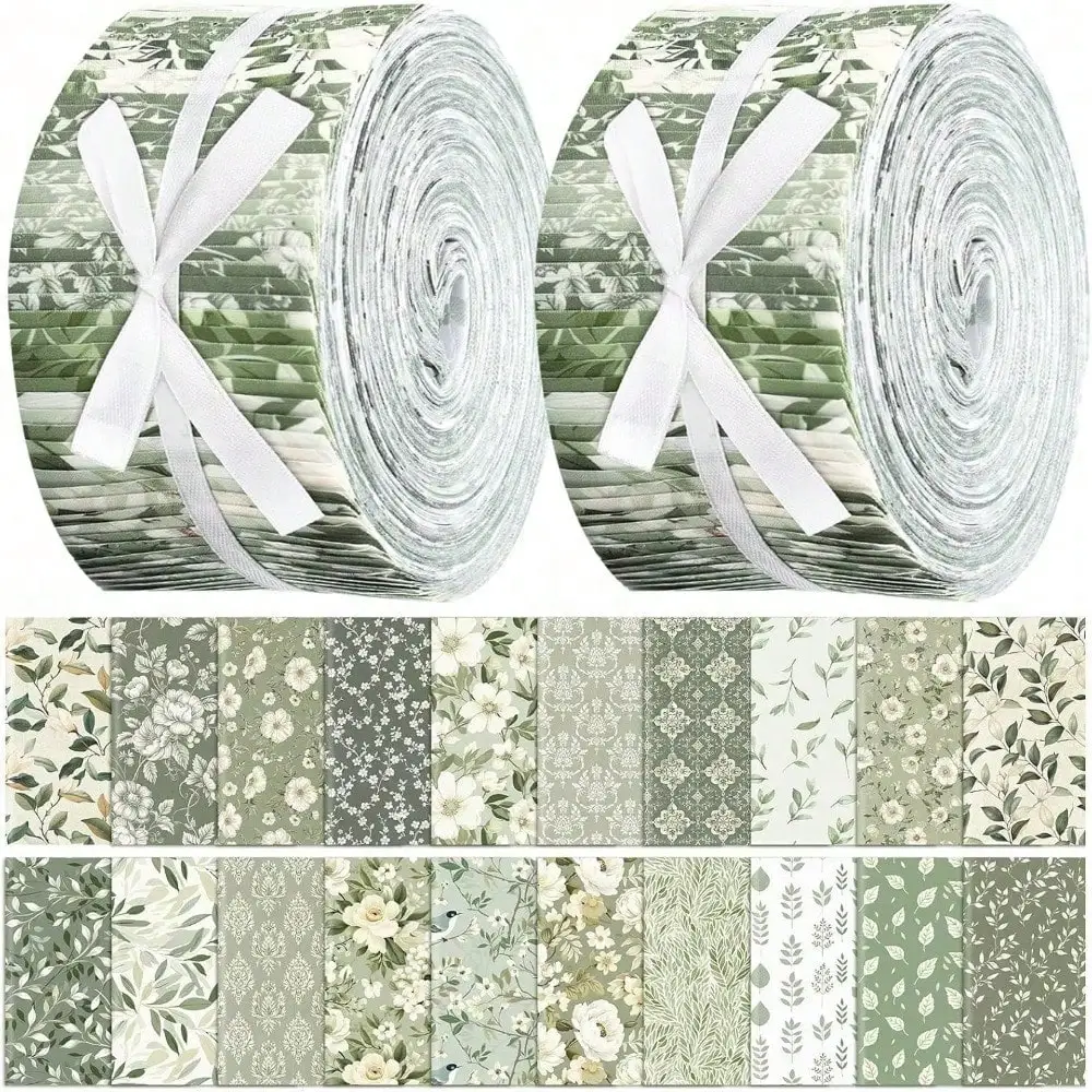 Juego de 40 Rollos de Tela Verde Salvia para Hacer Alfombras, Tiras de Tela con Diseño de Plantas Verdes, Rollos de Tela Jelly, Cuadrados de Tela Pre-cortados para Quilting, Kit de Costura para Carteras