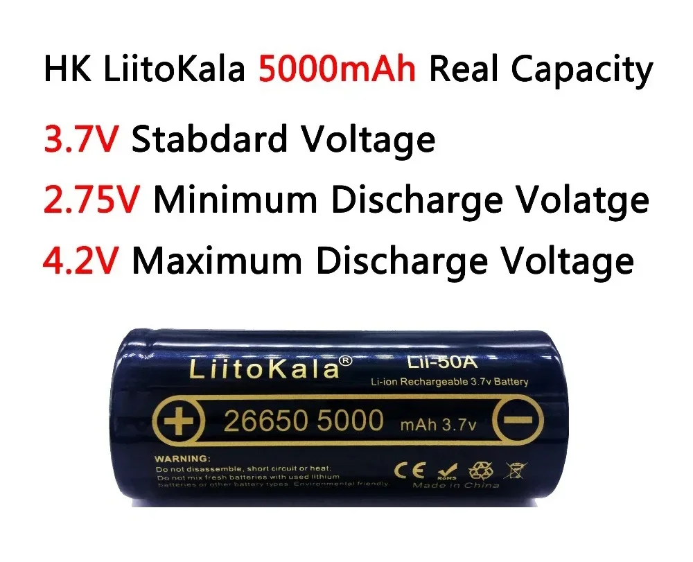 LiitoKala lii-50A 26650 5000mah lithium battery 3.7V 5000mAh rechargeable battery suitable for flashligh
