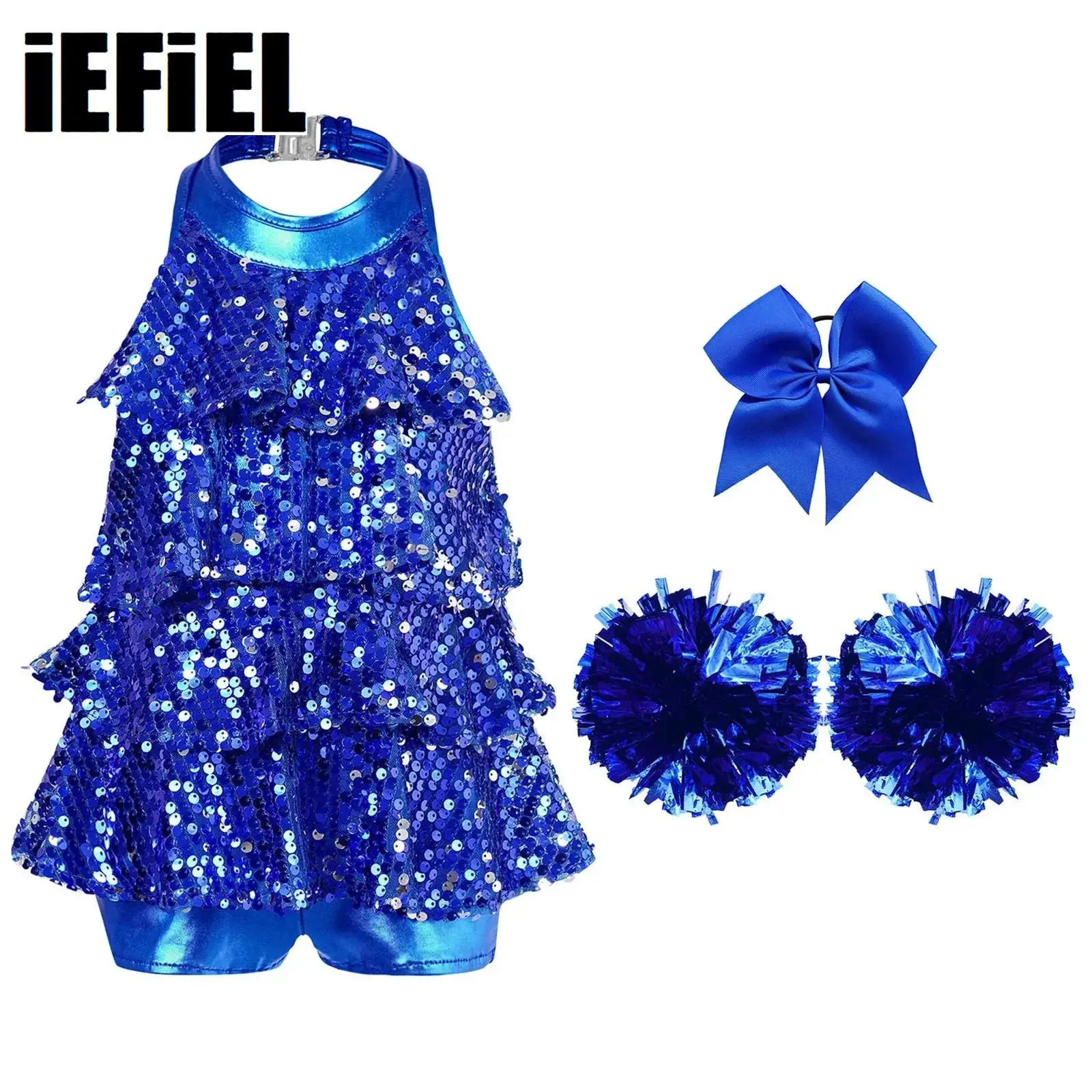 

Kids Girls Cheerleading Dance Leotard Halter Shiny Sequins Ballet Dance Dress with 1Pc Bowknot Headwear And 2Pcs Flower Balls