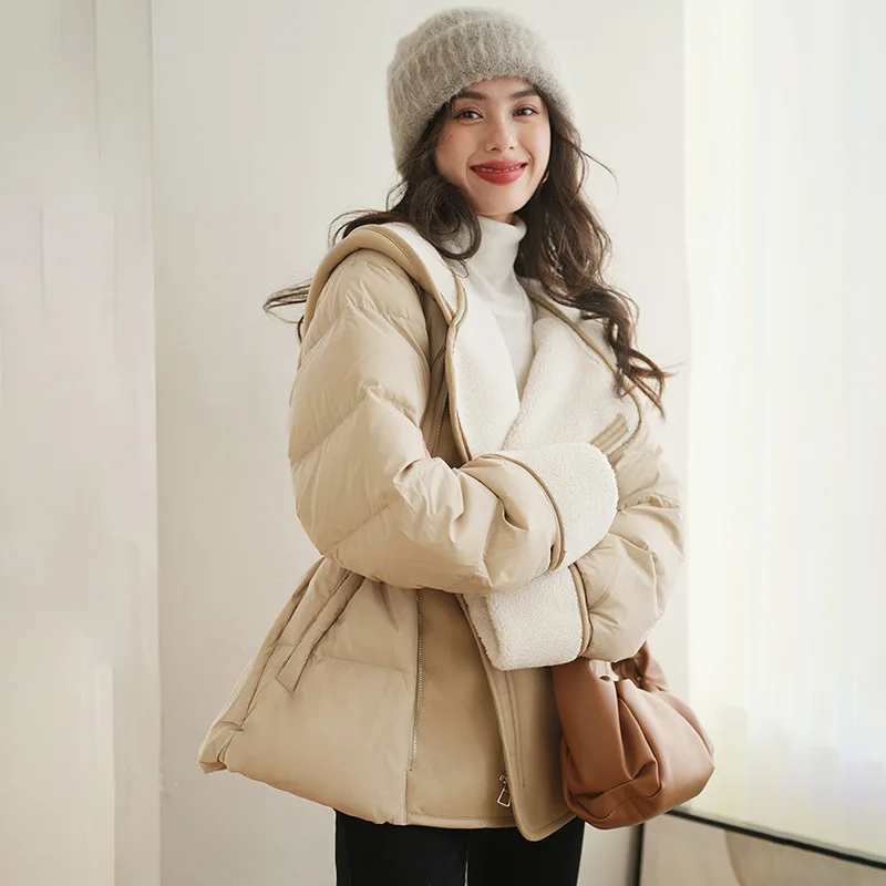 Chic Lamb Fur Spliced Winter Down Coat Woman PU Leather Spliced Hooded Cuffs Jackets Zipper Elastic Waist Clothes Elegant Short