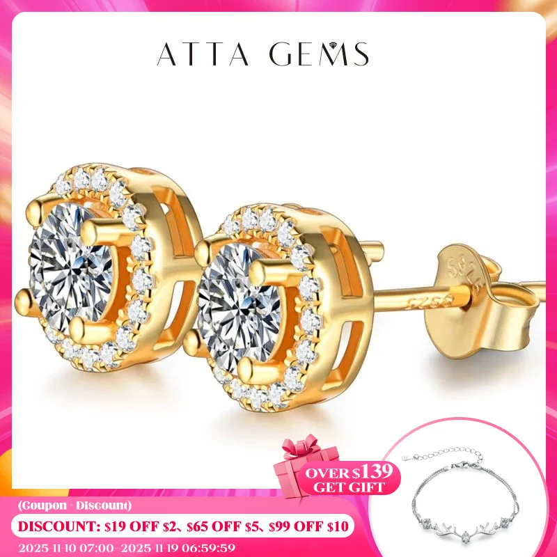 

ATTAGEMS 1 Carat D Color Moissatine Stud Earrings For Women 18K Gold Plated 100% 925 Sterling Silver Wedding Party Fine Jewelry