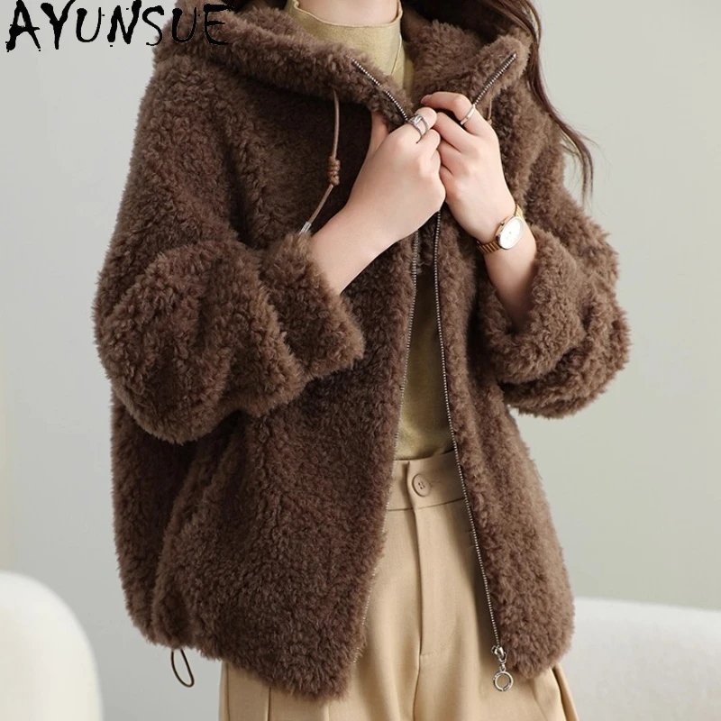 AYUNSUE Płaszcz damski ze 100% wełny, kurtka z kapturem z owczej wełny, jesienno-zimowe ubrania damskie, nowości w kategorii płaszczy, płaszcz damski z kompozytowego futra