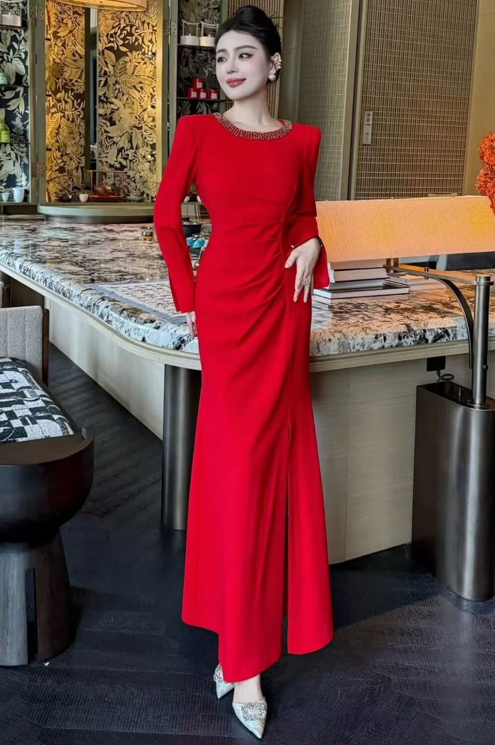 Vestido de noche largo 3XL 2XL 2025 Otoño Invierno mujer hecho a mano con cuentas plisado Patchwork manga larga rojo negro vestido Festival