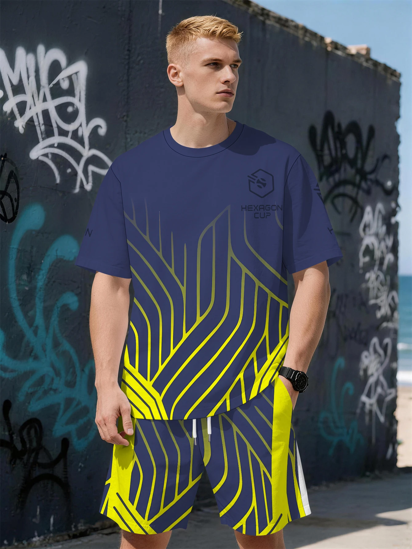 

2026 Summer New Men's Short-Sleeved Set with 3D Sports Letter Print Fashionable Street Style Comfortable Lightweight Soft