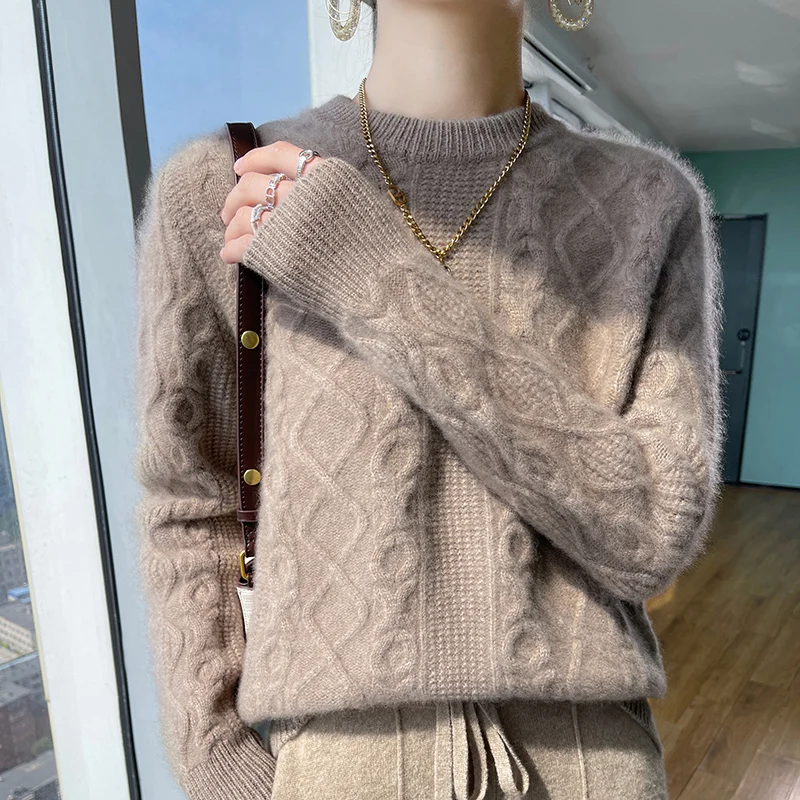 100% Pure Wool 2023 Autumn And Winter New Female O-Neck Loose Long-Sleeved Pullover Twisted Cashmere Sweater Bottoming Sweater