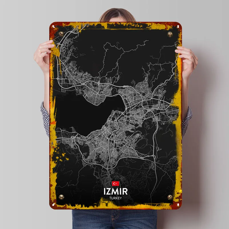 لوحات ملصق معدنية لخريطة إزمير TR علامات قصدير معدنية مخصصة لتزيين جدران غرفة الألعاب ملحقات البار الرجعية #1