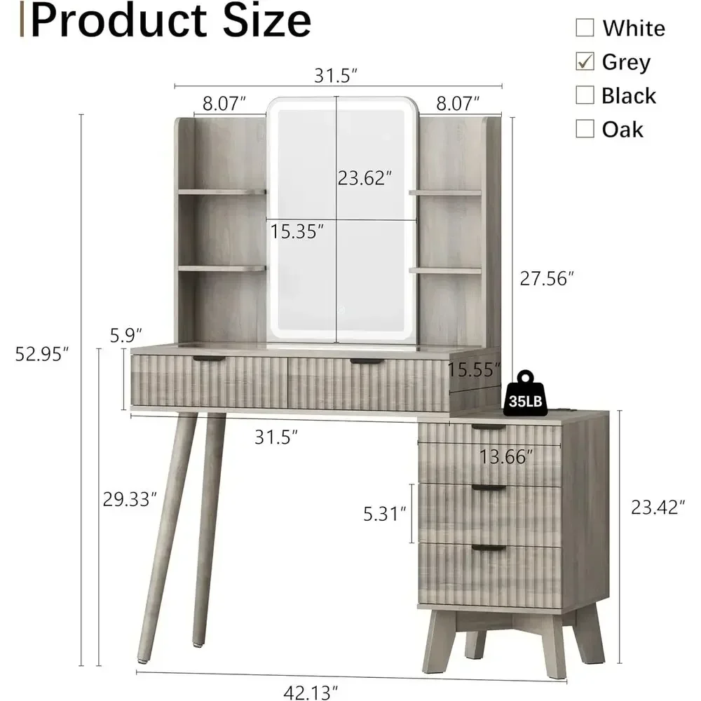 42 White Makeup Vanity Desk with Mirror, Lights, Drawers & Power Strip for Compact Spaces