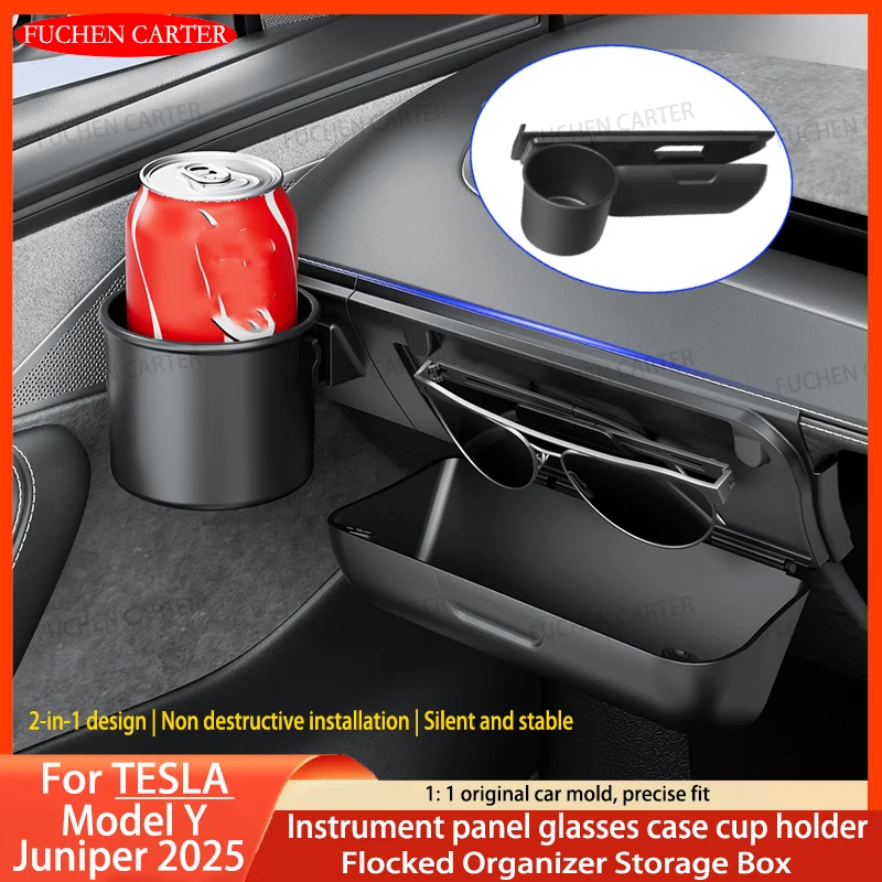 

For Tesla Model Y Juniper 2025 Dashboard Multi-functional Glasses Box Cup Holder Sunglasses Storage Box Interior Accessories