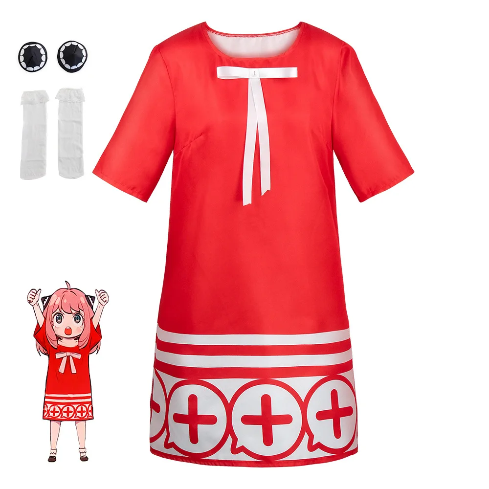 Erwachsene Kinder Anime SPY FAMILIE Anya Forger Cosplay Kostüm Mädchen Frauen Schwarz Rot Kleid mit Perücke Socken für Halloween Party kostüm