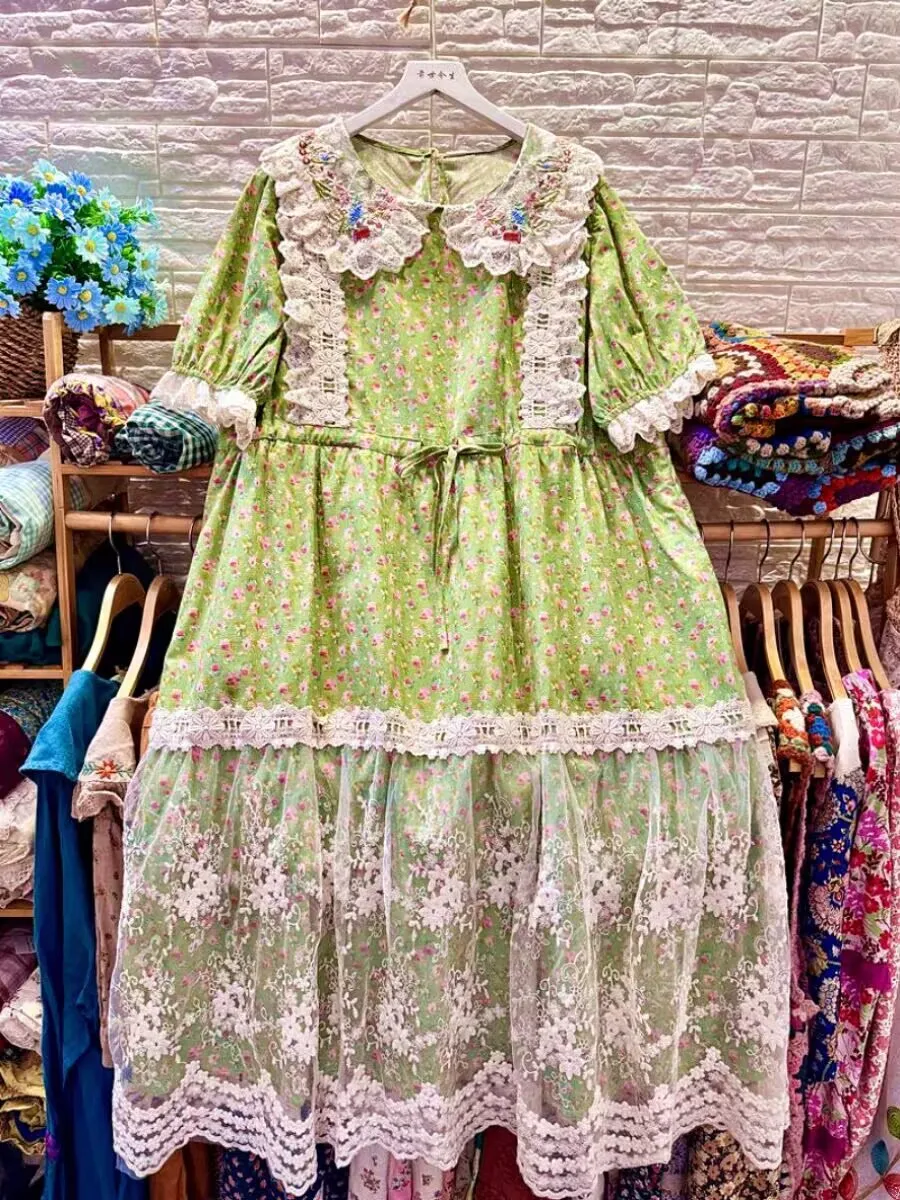 

Vintage Retro Chic Cotton Linen Green Long Midi Dress Summer Japanese Mori Girl Lace Floral Embroidery Shabby Cottagecore Dress