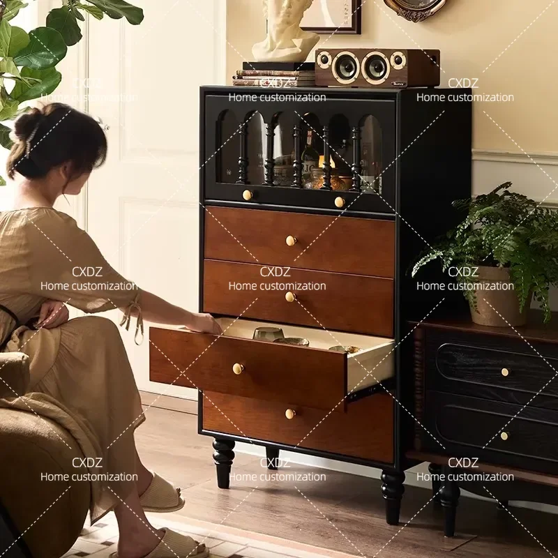 Retro Solid Wood Chest Antique Storage Cabinet for Bedroom Small Apartment Side Table Color Matching Bedside Nightstand