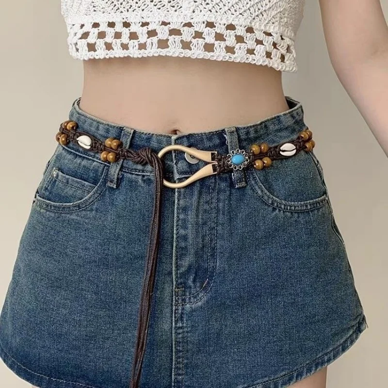 New Shell Wooden Beads Tassel Waist Chain Y2K Trendy Bohemian Belt Summer Beach Accessories Vintage Jean Skirt White Dress Belts