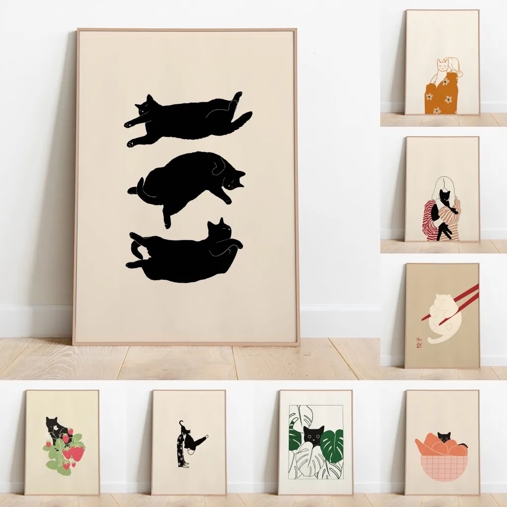 

Minimalist Aesthetic Cute Animal Wall Art Illustration Poster Sleepy Kitties Canvas Painting Home Decor Cat Lover Gift