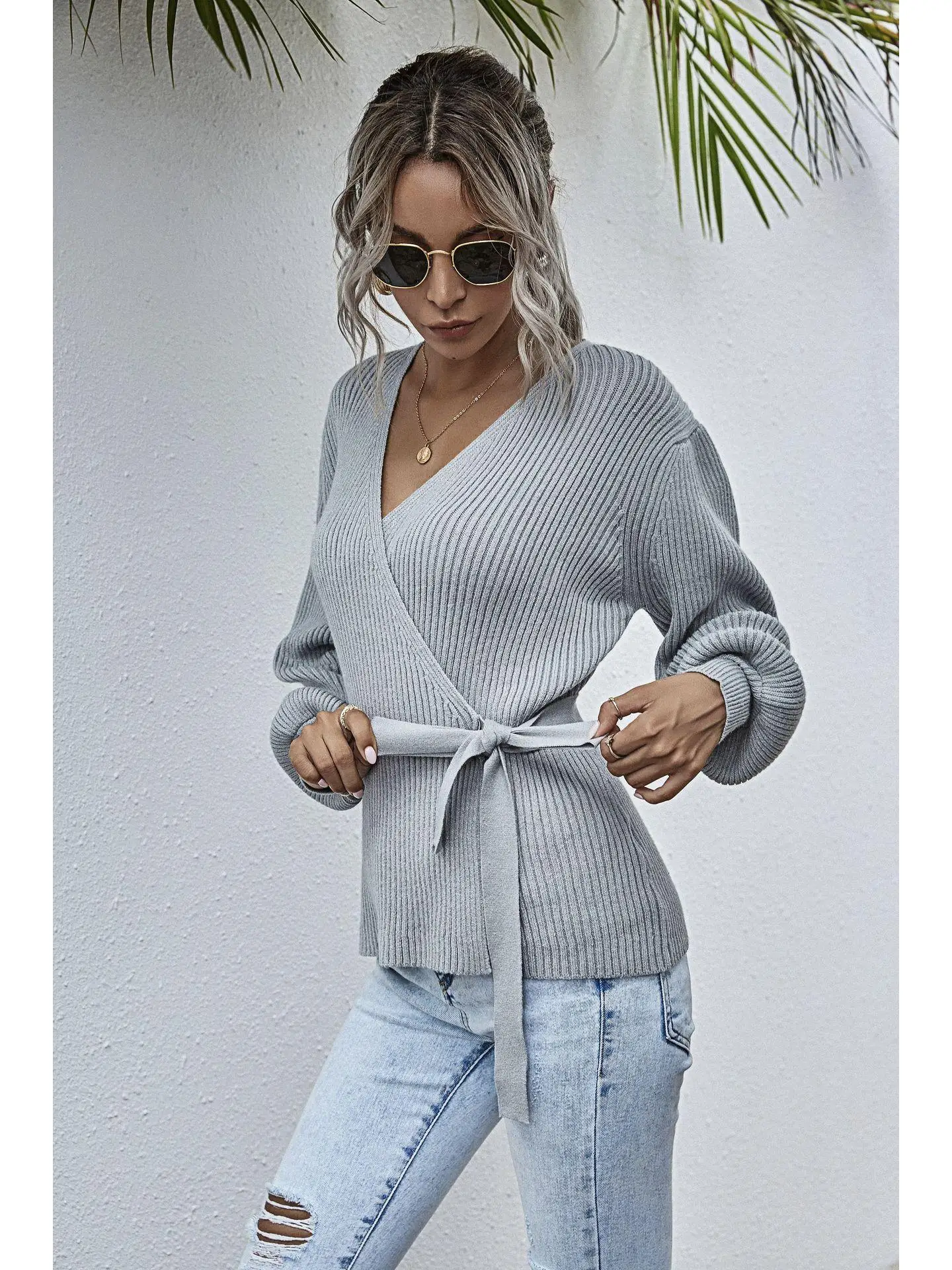 เสื้อไหมพรมรัดเอวทรงวี คอไขว้ ดีไซน์เซ็กซี่เข้ารูป สำหรับผู้หญิง ฤดูใบไม้ร่วง ฤดูหนาว ผลิตจากเส้นใยโพลีเอสเตอร์ 100%