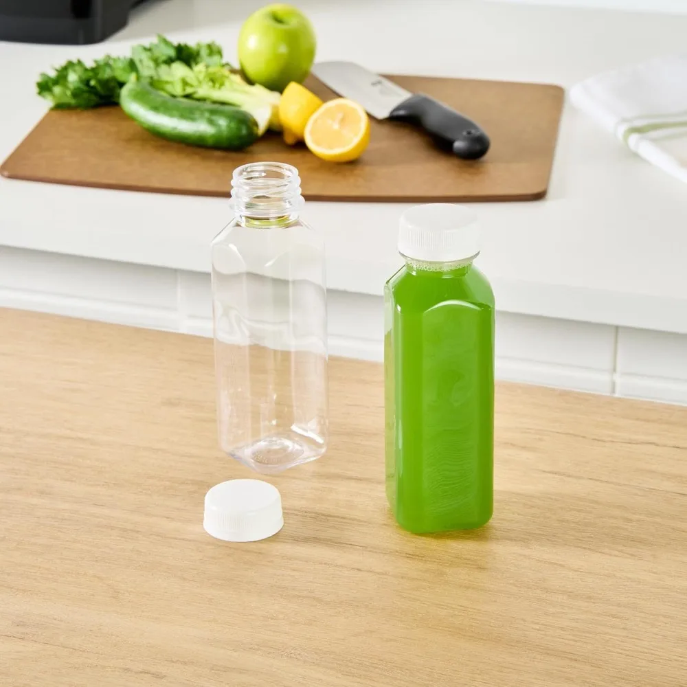 

NEW -12 Ounce Juice Bottles, 100 Disposable Clear Bottles With Caps - White Plastic Caps Included, Square