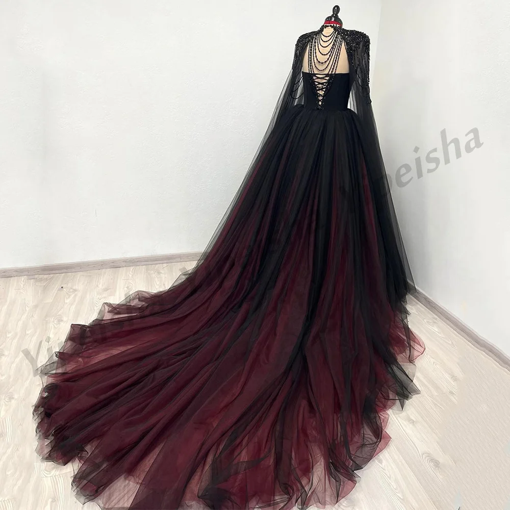 Vestido De novia negro y Burdeos De lujo con falda De tul desmontable, Vestido De novia gótico con cuentas De diamantes De imitación