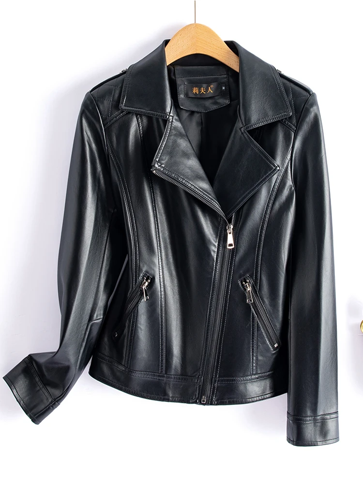 Giacca in Vera Pelle Haining da Donna, Nuova Collezione Primavera Autunno, Imbottita in Cotone, Nera, Stile Motociclista, Vestibilità Slim