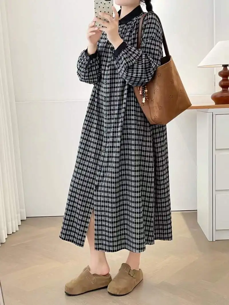 Abito camicia monopetto in cotone scozzese vintage giapponese Mori Girl Abito longuette casual a maniche lunghe con colletto alla coreana autunnale da donna