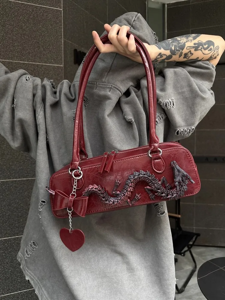 

Original Women's New Chinese Style Shoulder Bag Niche Red Dragon Square Bowling Bag PU Underarm Stick Bag Female