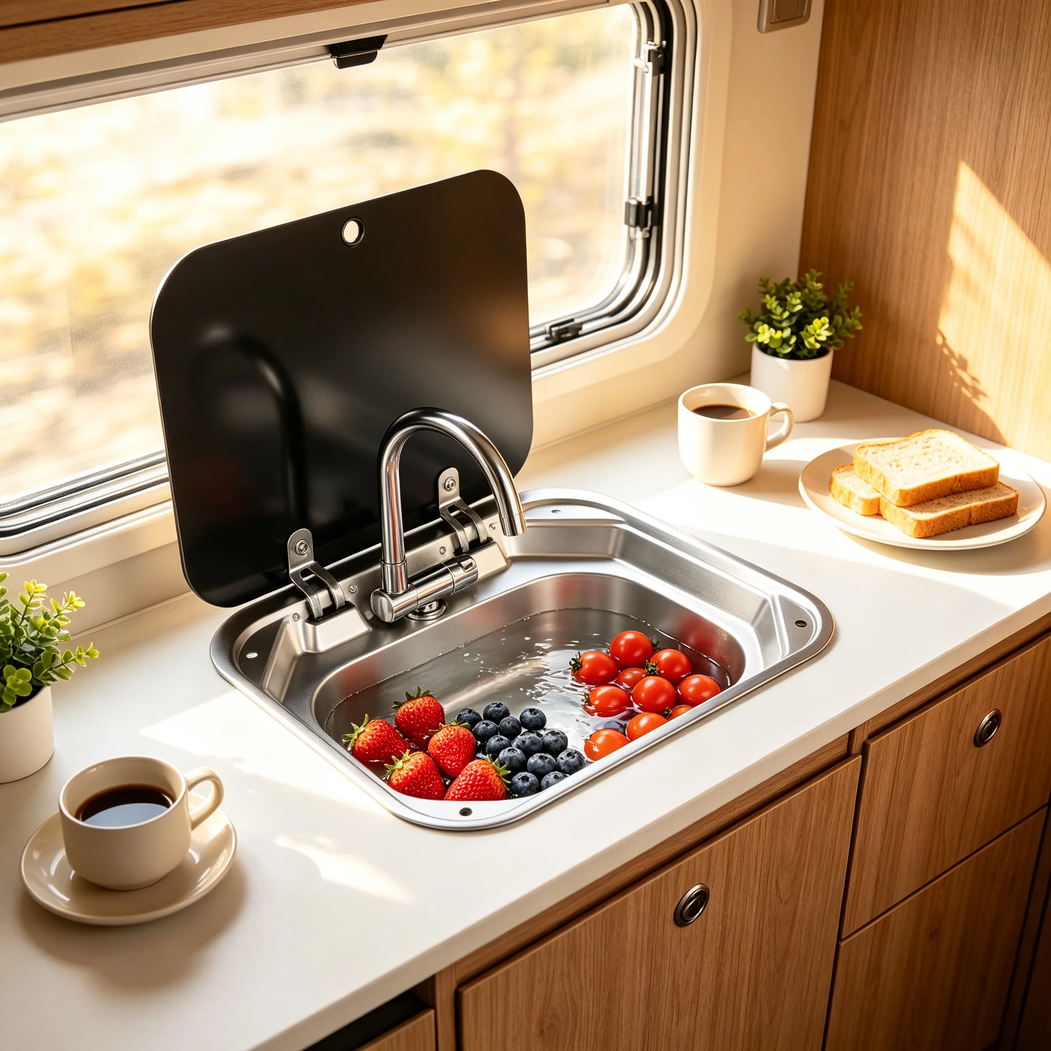 Bymaocar RV Wash Basin Kitchen Sink RV Sink Stainless Steel Basin Set with Faucet Tempered Glass Cover Multi-Functional for Camper Motorhome Caravan Bathroom