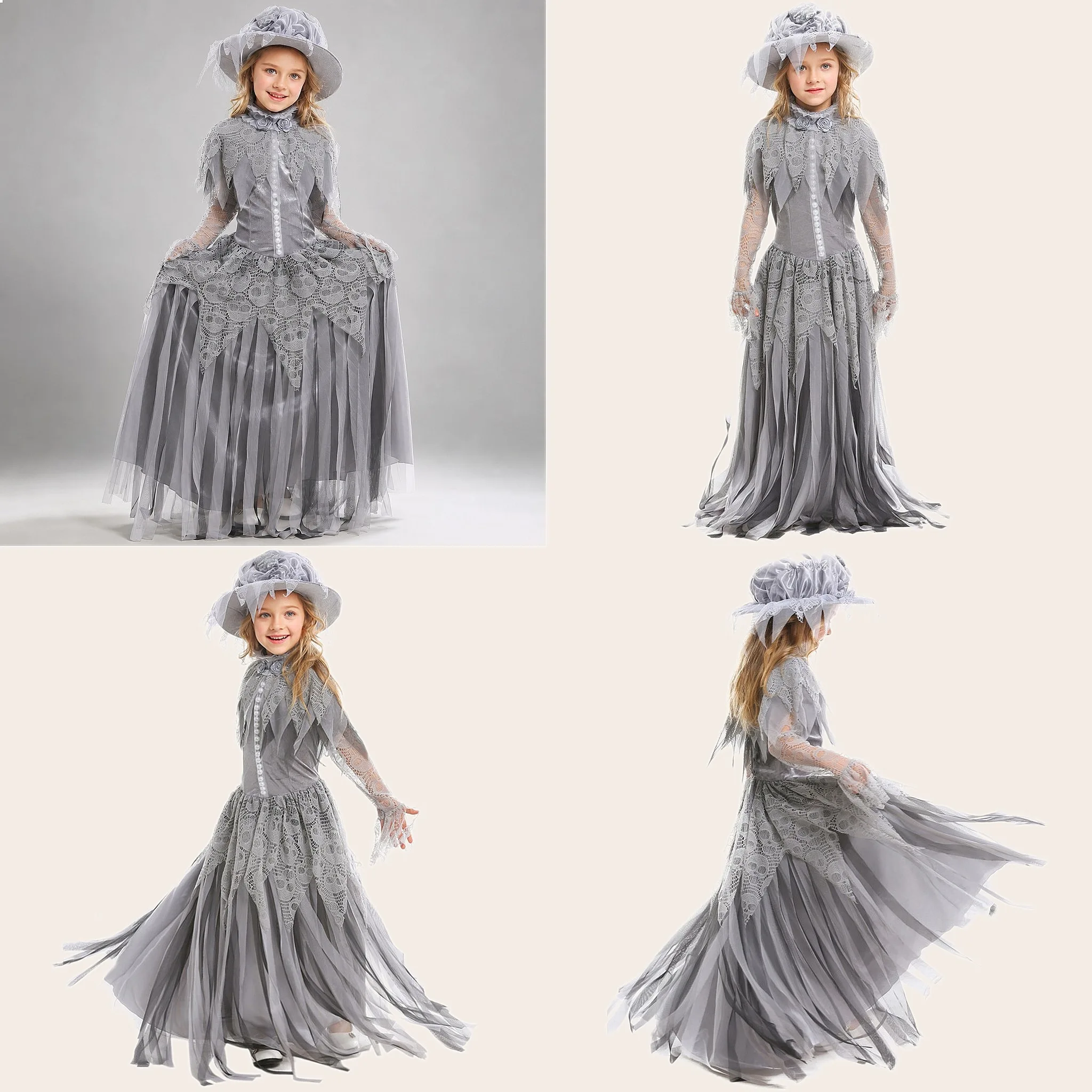 

Halloween Gothic Princess Skeleton Bride Cosplay Dress Victorian Kids Ball Gown