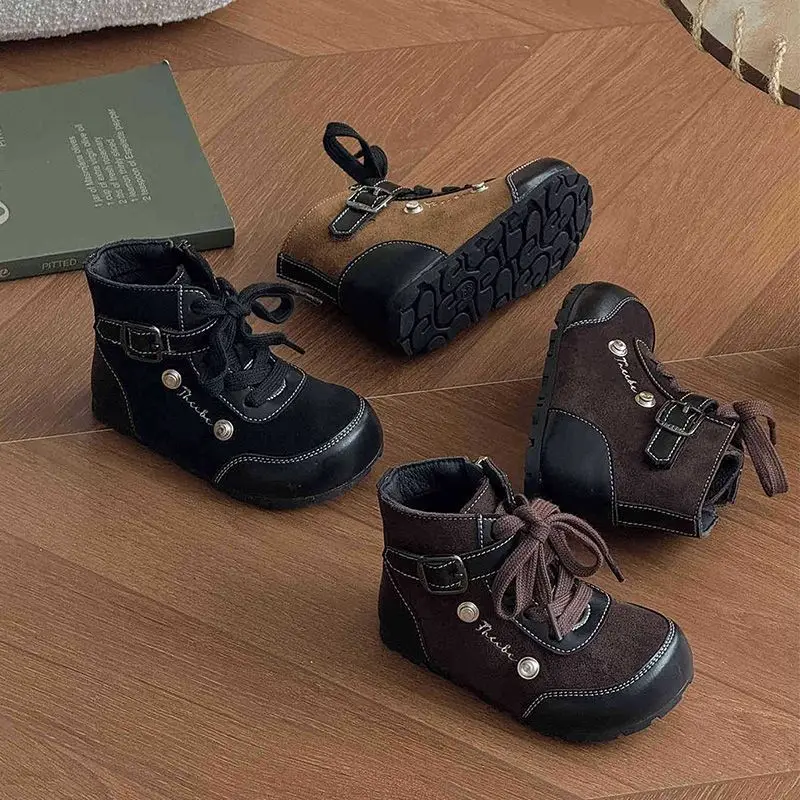 

2025 Korean Version of Children's Short Boots Autumn and Winter New Velvet Boys' Leather Boots Warm Baby Boots Girls Retro Boot