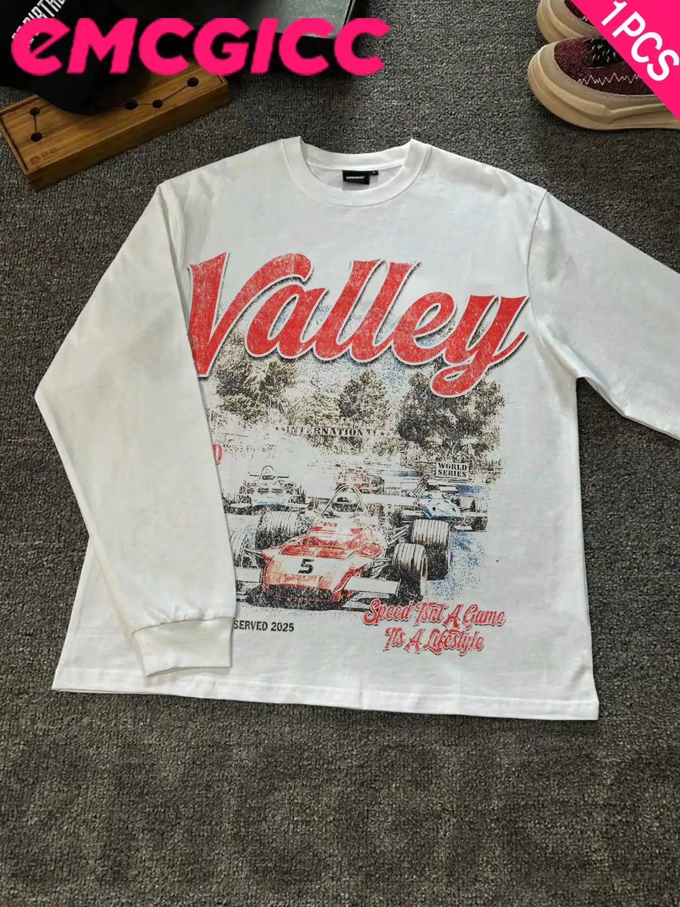 

Мужская винтажная футболка с длинным рукавом и гоночным принтом, хлопок 250 г, повседневный уличный стиль