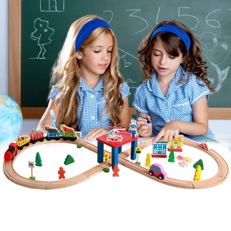 Wooden Train Track Highway Set Wooden Railway Electric Magnetic Train Toy Fit For All Brand Wood Tracks Toys For Boys G5