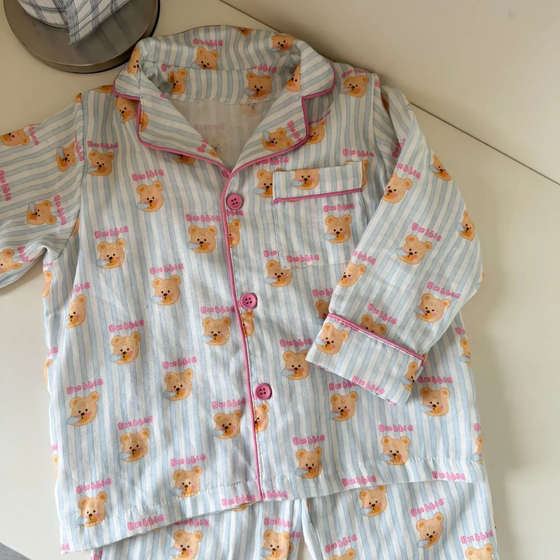 Autumn New Kids Cotton Pajama Set 2-10Y Girls Bowknot Boys Bear Print Cute Comfortable and Soft Long Sleeve Loungewear