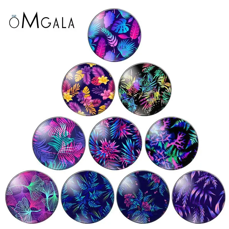 Purple Tropical Leaves Patterns Illustrations 10mm/12mm/16mm/18mm/25mm Round Photo Glass Cabochon Demo Flat Back Making Findings