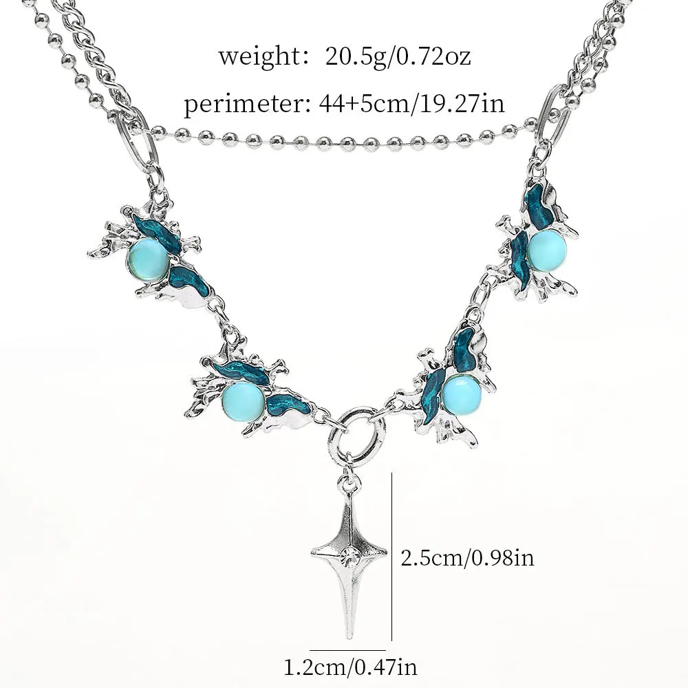 Blue Moonlight Stone Bead Necklace Cross Star Double Layered Layered Strap Clavicular Chain