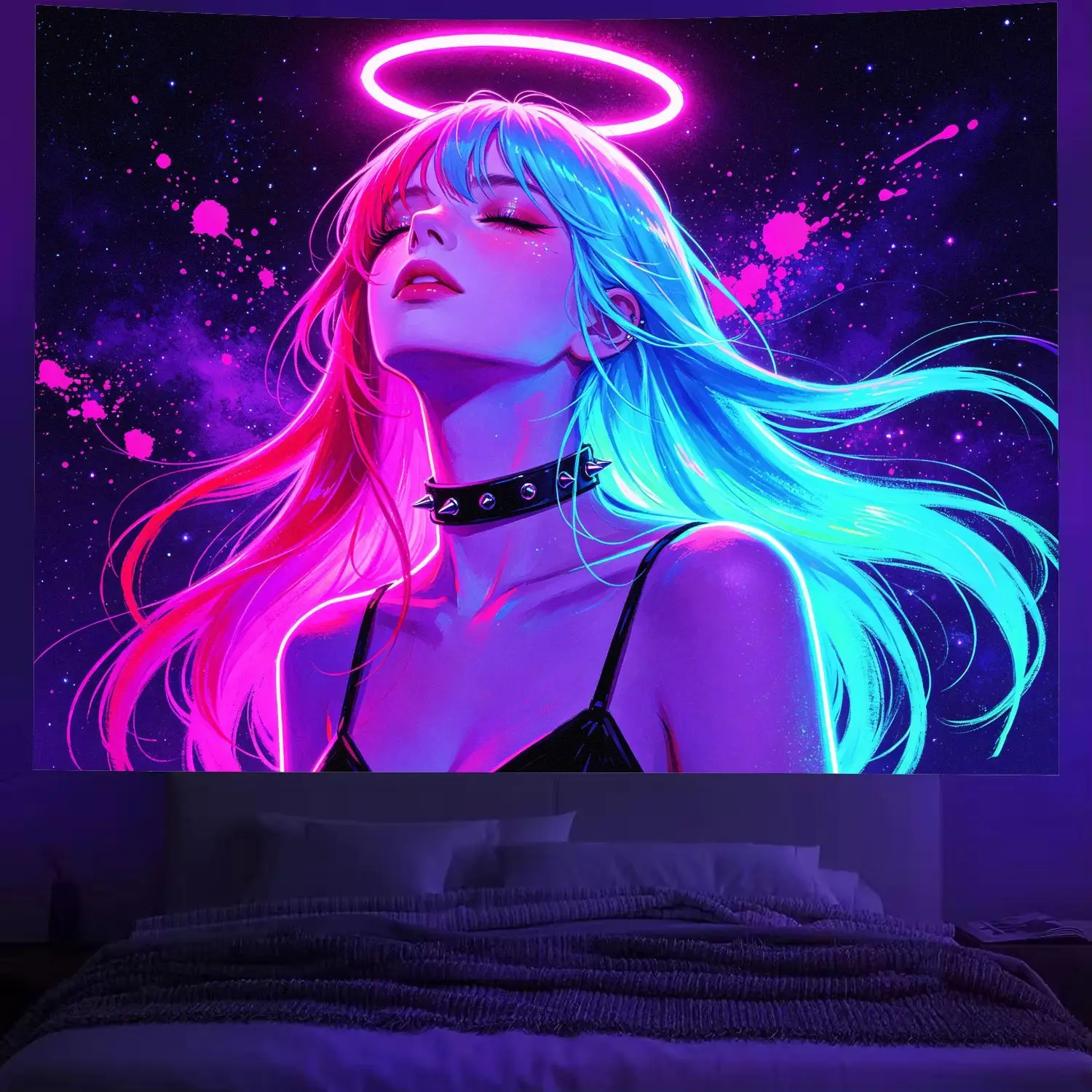 VIKAMA Neon-Style Angel Girl Tapestry, Wall Decoration for Bedrooms and Living Rooms, Starry Sky Splash-Paint Polyester Tapestry