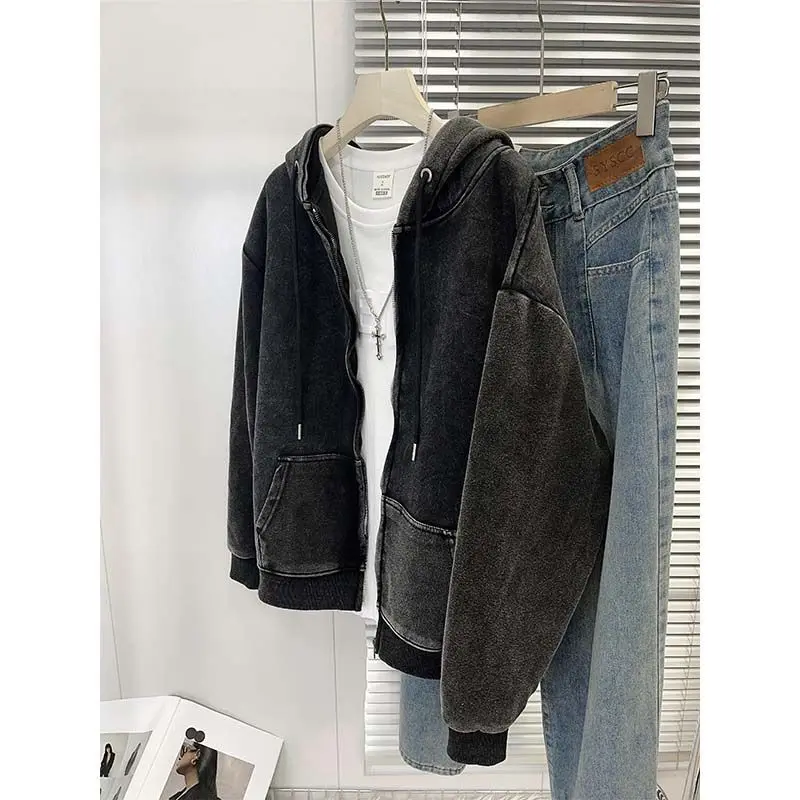 

Мужская осенняя свободная толстовка-кардиган оверсайз в стиле ретро на молнии, повседневная верхняя одежда для пар, большие размеры до 300 фунтов