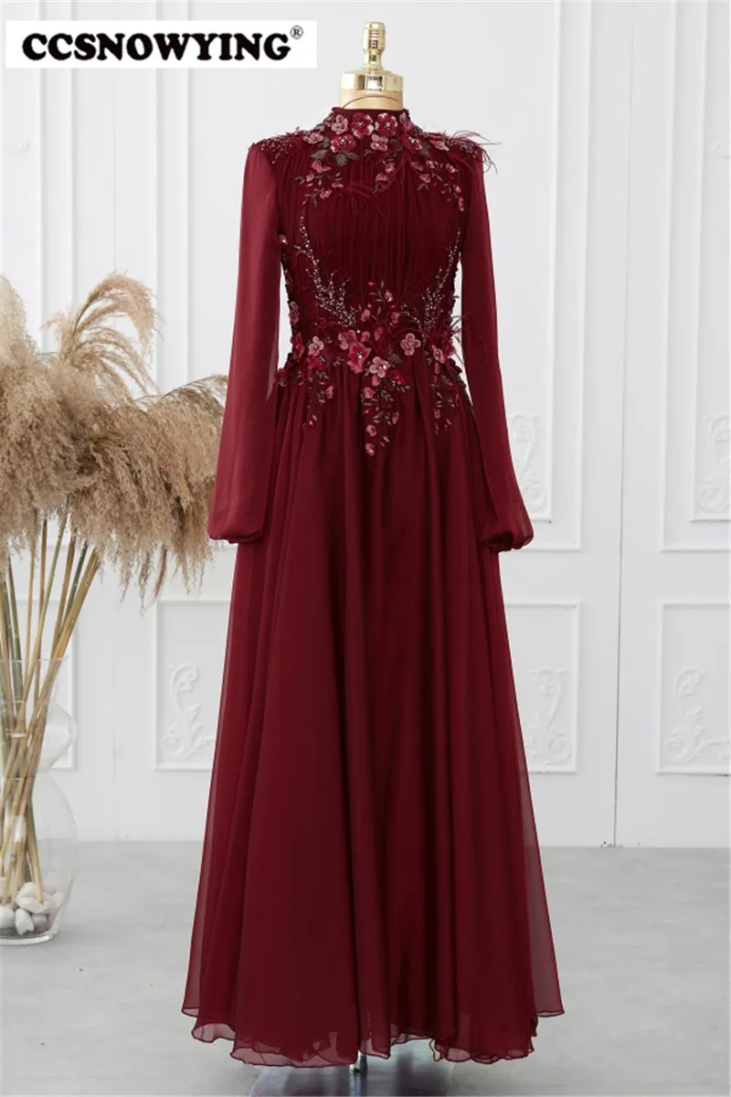 

Chiffon Muslim Evening Dresses Arabic Dubai Long Sleeve Flowers Feather Hijab Formal Party Gown Moroccan Caftan Robe De Soiree