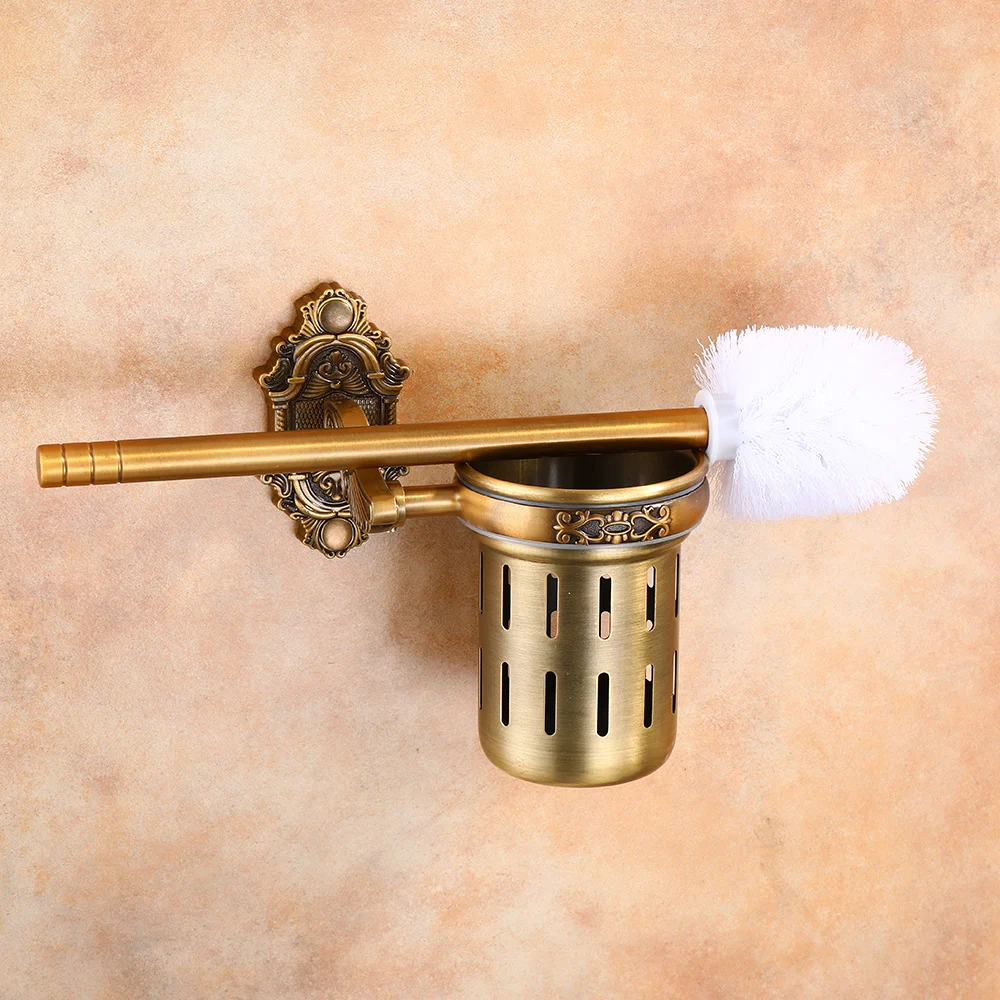 Aluminum Antique Toilet Brush Holder with Brush Aluminum Carved Bathroom Toilet Scrub Cleaning Brush Holder Set Toilet Cleaning