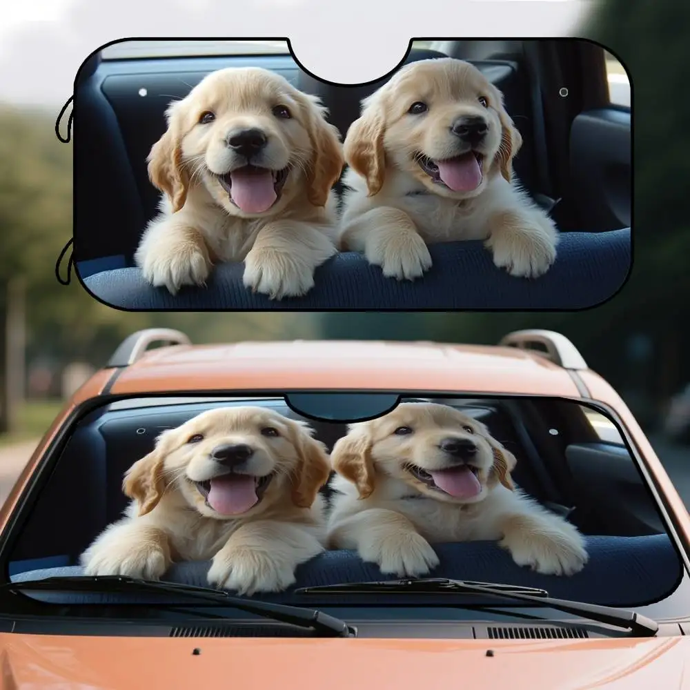 Cute Golden Retriever Puppy Print Car Windshield Sunshade Foldable Front Window Sun Visor For Compact Car SUV Daily Use