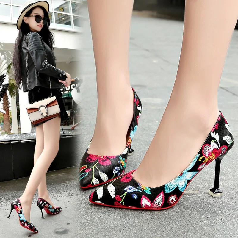 

2024 Comfort Spring's New Pointy Shallow Shoes Sweet and Beautiful Flowers Hit Color Stiletto Heels Fashion High Heel Shoes