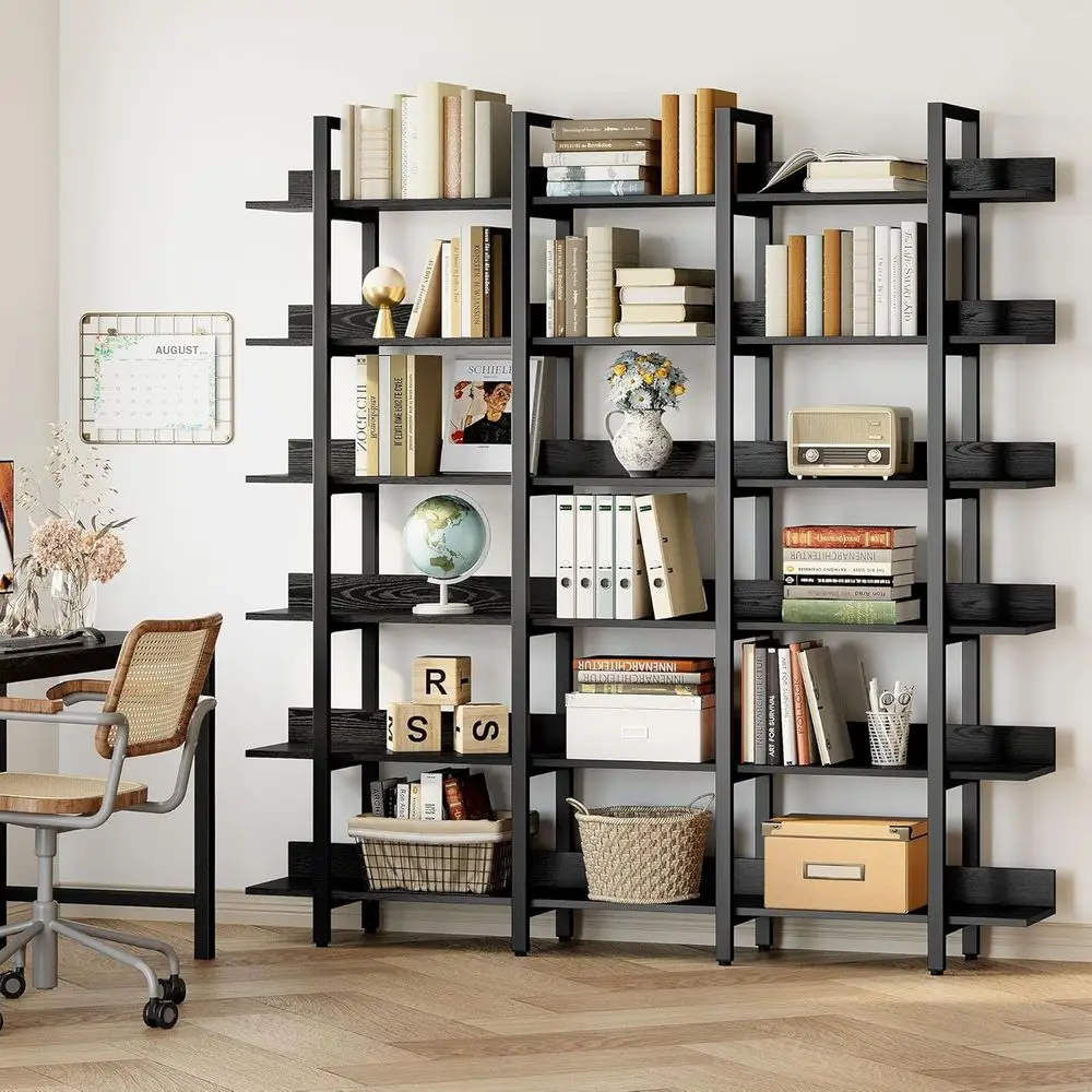 Bookcase and Bookshelves Triple Wide 6 Tiers Large Open Shelves, Etagere Bookcases with Back ence or Home Oice Decor, Eas