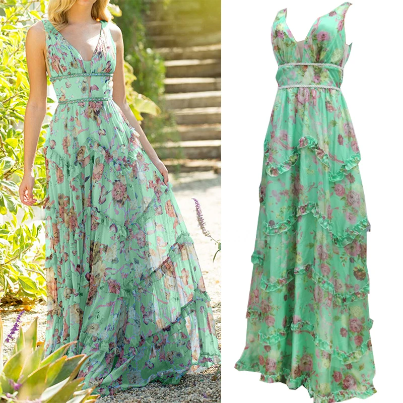 Summer Women's Elegant Dress Open Back Sexy Printed Split Lace A-line Beach Dress Unique Flower Fashion Holiday Long Dresses