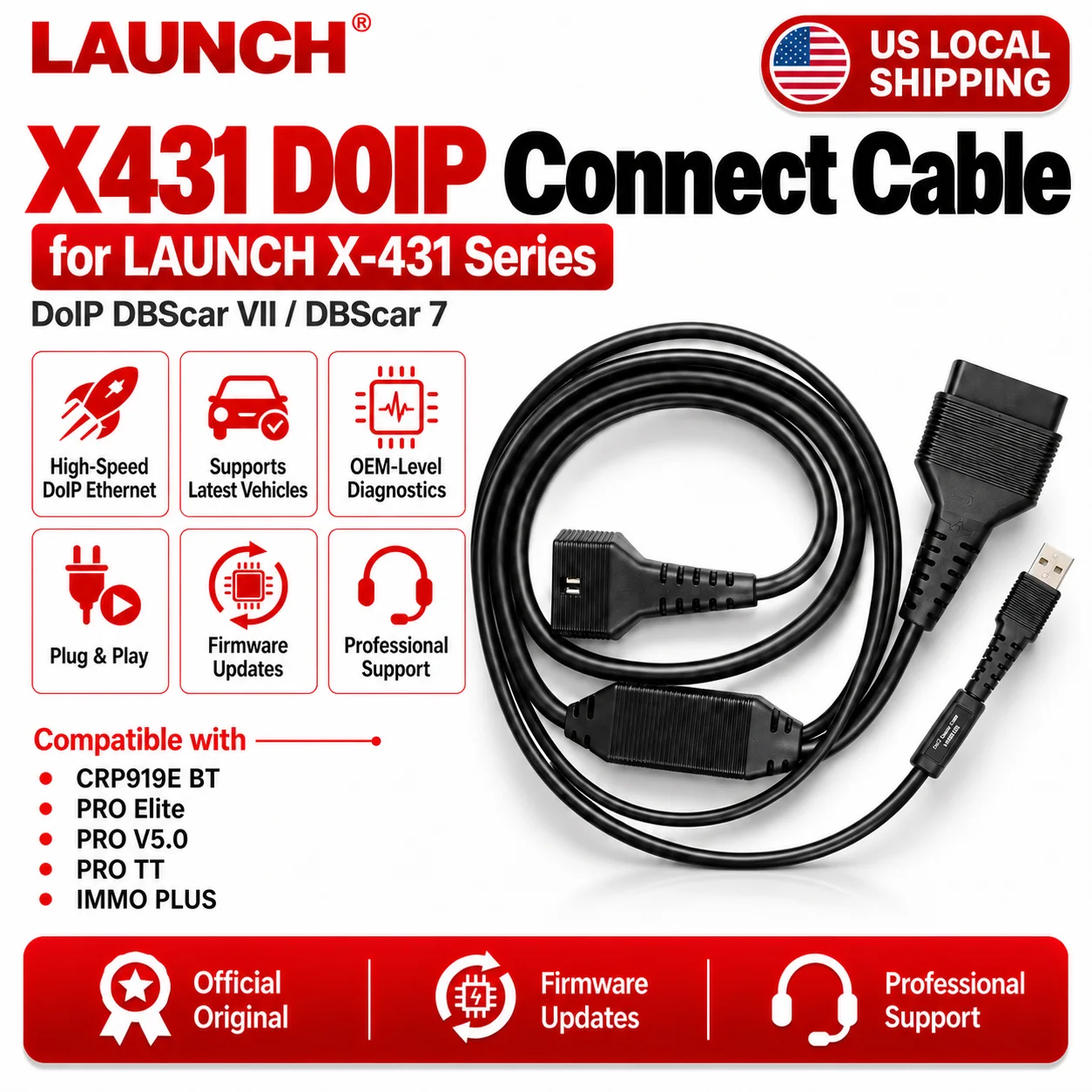 LAUNCH X431 DOIP Cable 16-Pin Adapter Connector, DOIP Protocol Diagnostic Cable Replacement for DBScar VII CRP919E BT