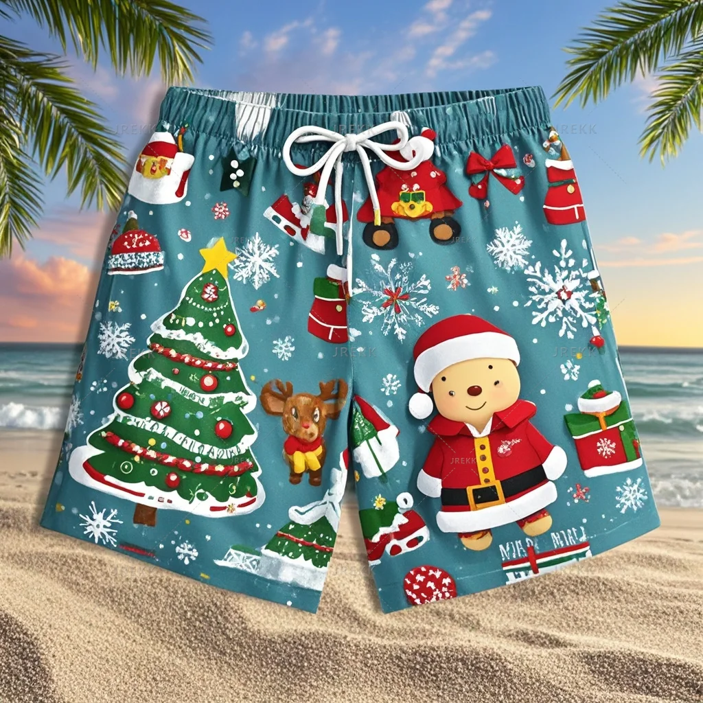 Fashion 3D Merry Christmas Graphic Beach Shorts Santa Claus Xmas Christmas Trees Graphic Swimming Shorts Funny Board Men Shorts