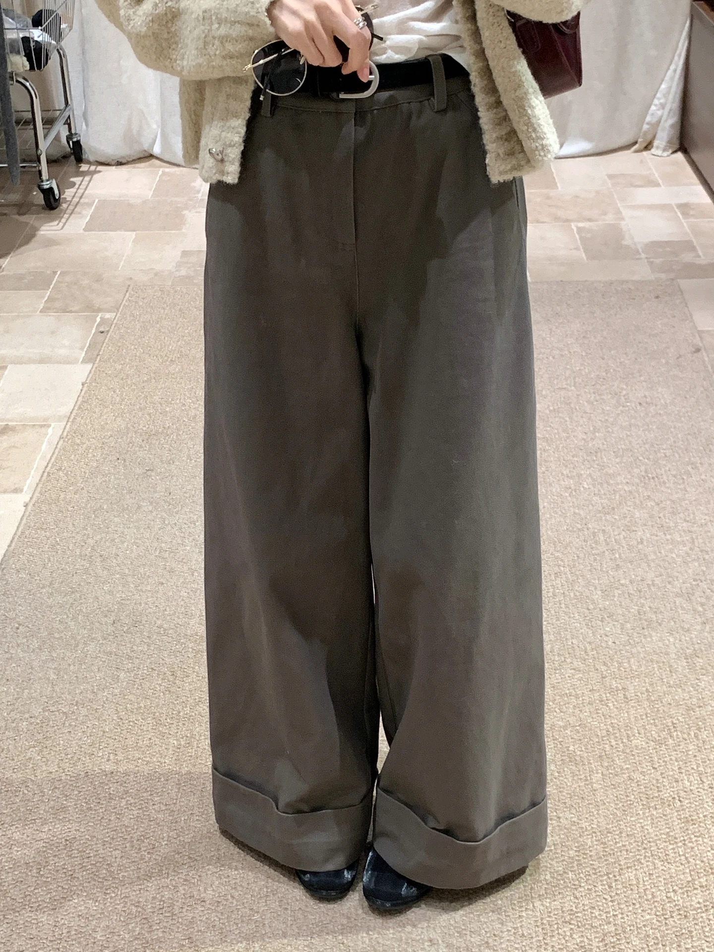 

High Waist Wide Leg Casual Pants Women's ey Folr Hem Dra Straight Leg Slimming Pants Autumn New Sle Korean System